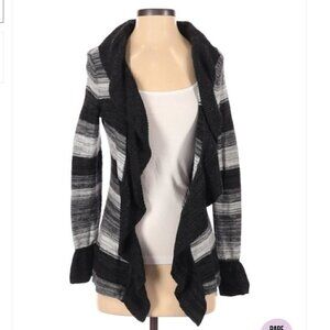 WHBM | Black Gray Striped Open Ruffle Cardigan Sweater Size XS